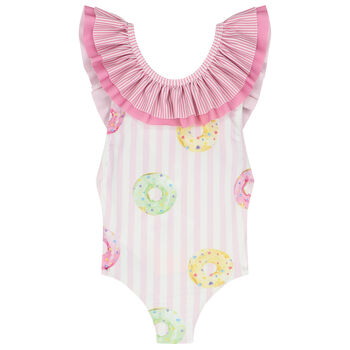 Girls White & Pink Striped Donuts Swimsuits